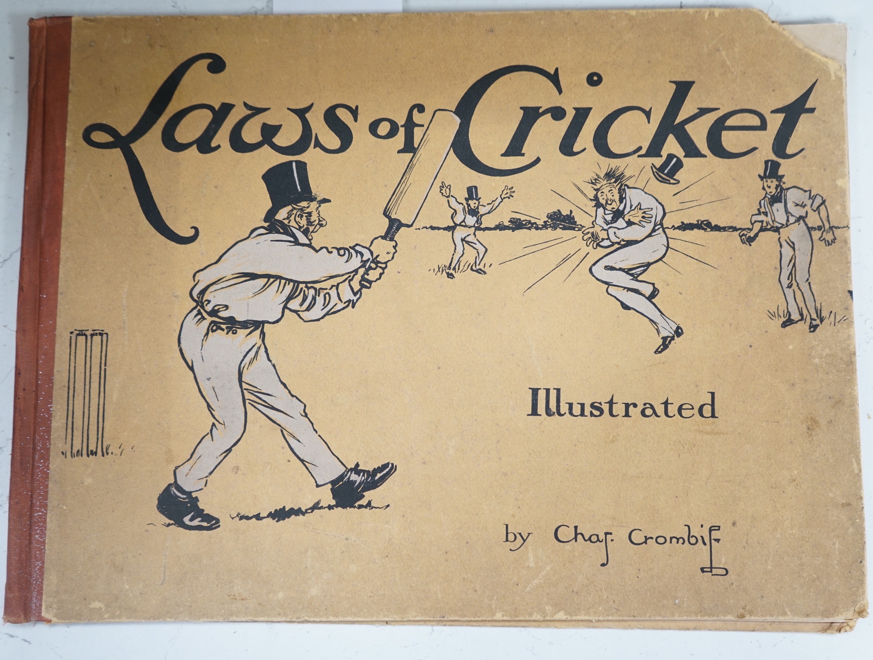 Crombie, Charles, The Laws of Cricket, 1907, 12 coloured plates (with captioned text) and coloured pictorial advert. leaf; original cloth-backed pictorial boards, oblong 4to. Kegan Paul, (1905)